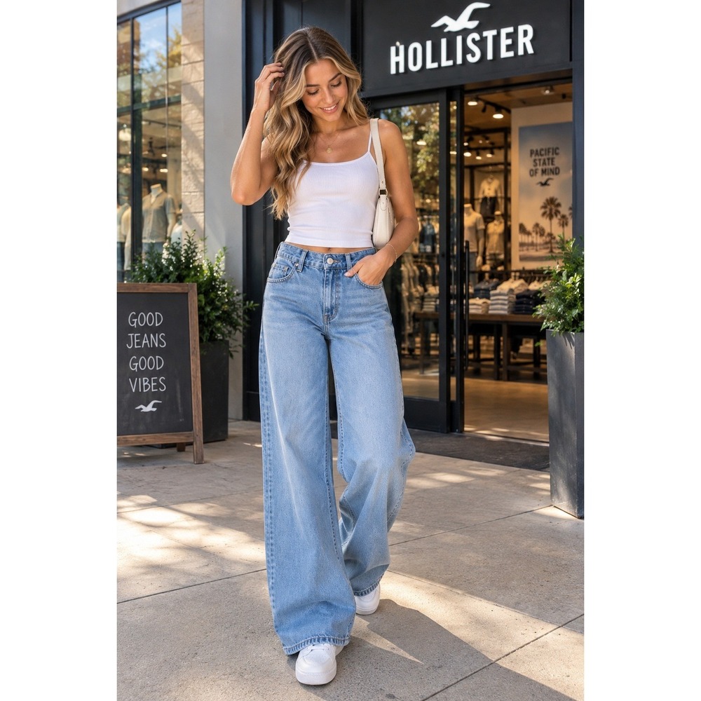 Hollister Low Rise Baggy Wide Leg Jeans Size 25 Light Wash Y2K 100% Cotton